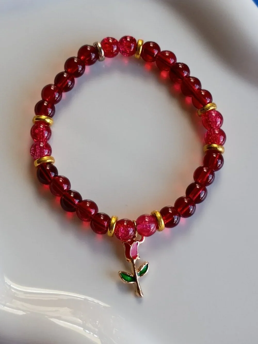 Red Rose Kids Bracelet , Handmade Beaded Bracelet, 5.5